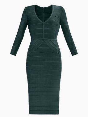 Herve Leger Emerald Green V-Neck Bandage Midi Dress - Small, worn once
